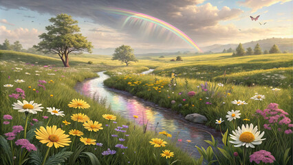 Serene Rainbow Meadow Landscape with Stream and Wildflowers