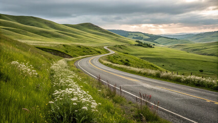 Winding Country Road Through Rolling Green Hills at Sunset