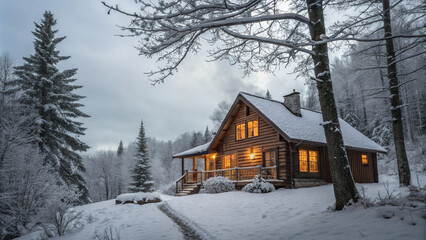Cozy Log Cabin in a Snowy Winter Wonderland