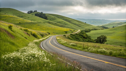 Serpentine Road Through Rolling Green Hills Under a Cloudy Sky