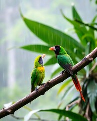 green winged macaw, parrot in the rainforest while its raining