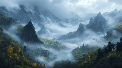 Fototapeta premium Misty mountains shrouded in thick fog, hiding ancient secrets.