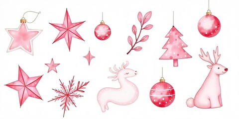 Festive Pink Christmas Decorations Featuring Stars, Baubles, and Reindeer