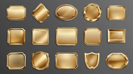 Holographic golden stickers, labels with gold gradient texture isolated on transparent background. Vector realistic set of blank hologram emblems different shapes with curved corners