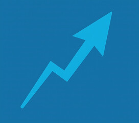 The blue business arrow points up on a trending economic chart icon, indicating growth and rising values in the financial market._00001_