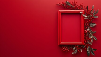 Creative christmas framei on red background. xmas and new year holiday, banner, postcard, invitation, celebration. flat lay, top view. christmas wallpaper. Ultra realistic. Photorealistic