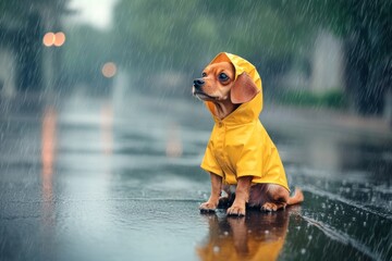 Fototapeta premium A small dog wearing a bright yellow raincoat sits comfortably on a wet city street during light rain, looking adorable and curious. Generative AI