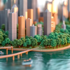 Miniature cityscape model, featuring a park area with lush greenery, modern skyscrapers, and...