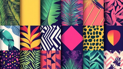 Tropical geometric seamless patterns, bold colors, exotic motifs, creative layouts, dynamic shapes, vibrant aesthetics.