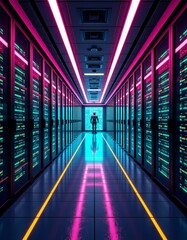 cyber data center hallway with futuristic cyber architecture and robot in server room for digital art backgrounds