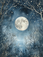 Naklejka premium Full moon glowing in a mystical forest with starry sky 