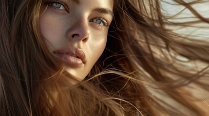 Close Up Portrait of a Woman with Windswept Hair and Natural Beauty