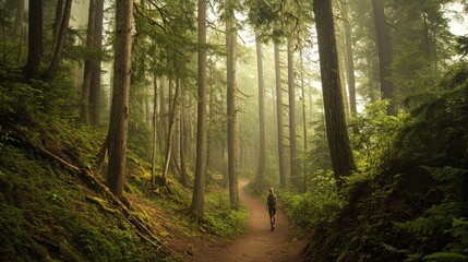 Obraz premium Person hiking on a foggy forest trail.