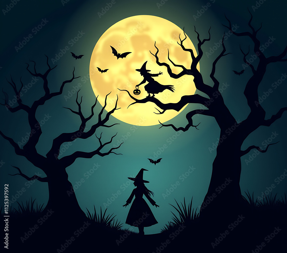 Wall mural ominous tree branches and a witch are depicted in a halloween banner with a vector logo under a full