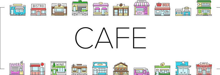 street cafe food burger festival icons set vector. cart fast, stall retro, korean fair, night market, truck cake, sauce soda street cafe food burger festival color line illustrations