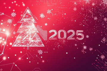 Christmas tree with falling snowflakes and red polygonal background creating a festive atmosphere with the inscription 2025