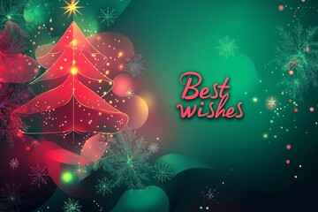 Red christmas tree with snowflakes and best wishes text on green background creates a festive holiday greeting card