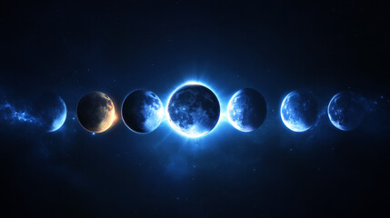Stages of eclipse of sun by moon. Realistic vector illustration set of different steps of stellar corona from crescent to ring. Blue astronomy galaxy circle with neon glow effect, rays and sparkles.