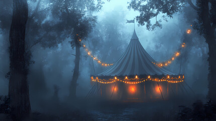 Halloween circus, a glowing circus tent stands in a foggy forest, creating an enchanting and mysterious atmosphere, ideal for fantasy and eerie themes. Carnival. Illustration