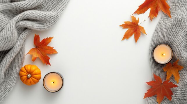 Autumn vibes at home. Top-down photo featuring a cozy cashmere blanket, maple leaves, and pumpkin candles on a white background, with space for text or ads