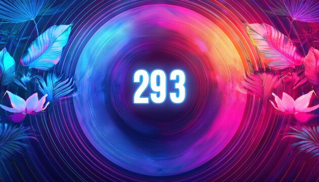 Vibrant Neon 293 Countdown: Tropical leaves dance around a glowing neon circle showcasing the number 293, creating a vibrant and dynamic visual for countdowns, promotions, or events.