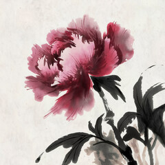 beautifultraditional Chinese ink painting of a delicate red and pink peony with soft purple petals, featured in a minimalist style on a white background, perfect for greeting cards
