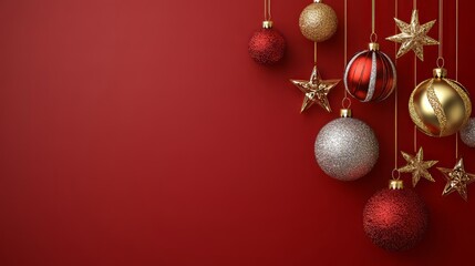 The wallpaper of the christmas festival in winter season consists of gold, red, and silver christmas ball and star ornament hung on red background. generative ai. christmas wallpaper. 