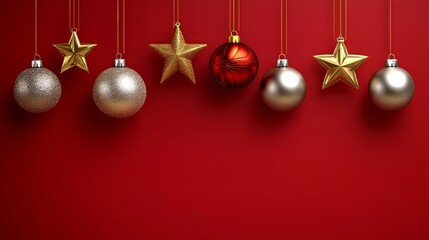 The wallpaper of the christmas festival in winter season consists of gold, red, and silver christmas ball and star ornament hung on red background. generative ai. christmas wallpaper. 