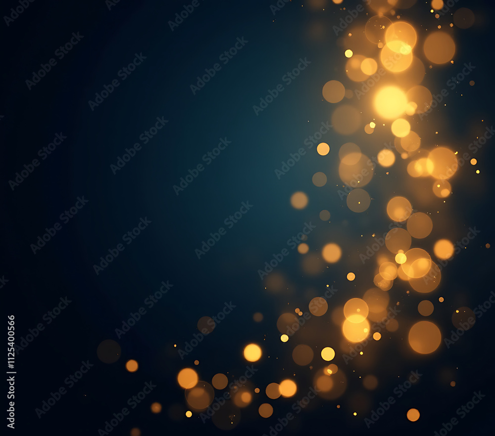 Poster Golden light shines on dark blue background with gold particles and bokeh effect, creating a festive holiday atmosphere._00001_
