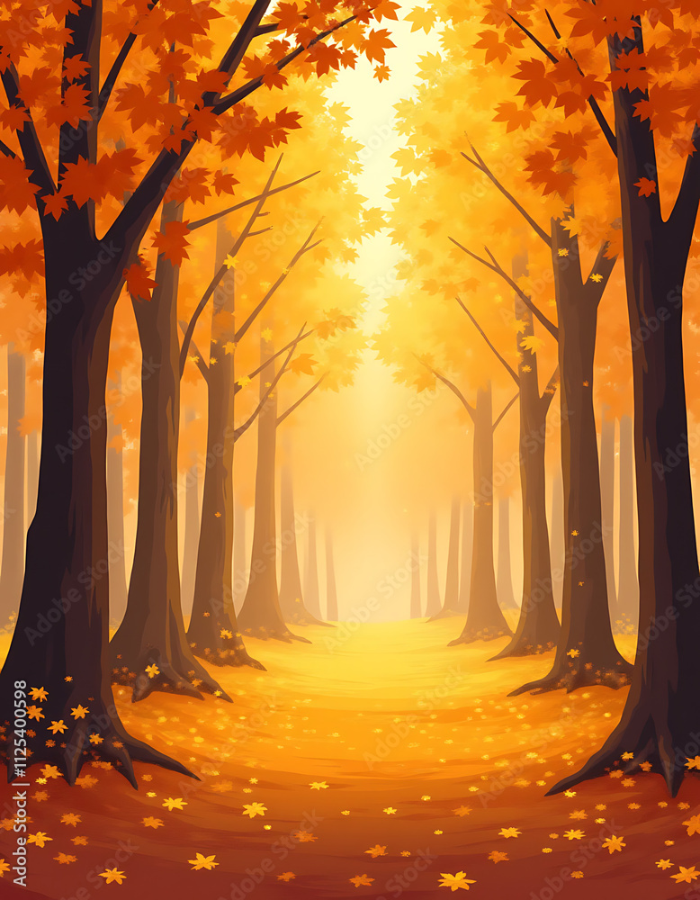 Wall mural golden leaves fall from trees in a warm autumn landscape with subtle vector background details every
