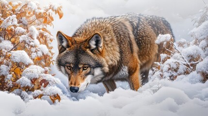 Obraz premium Timber wolf in snow in hokkaido japan. wolf wallpaper. Ultra realistic. Photorealistic hypermaximalist hyper realistic fine detail
