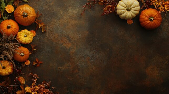 Fall harvest theme with a top-down shot of pumpkins and autumn elements on a dark brown background with space for text