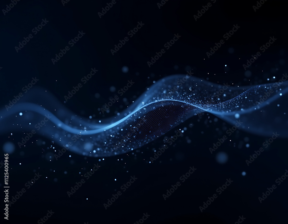 Poster futuristic wave of particles depicted on a dark background, connected by lines and dots in an abstra