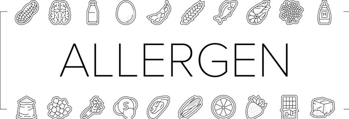 allergen product food free icons set vector. gluten organic, product gmo, label cosmetic, sugar allergy, cruelty allergen product food free black contour illustrations