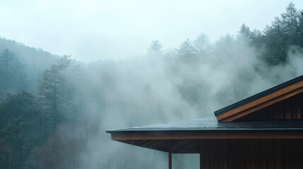 Minimalist Wooden Roof of Japanese Onsen with Steam