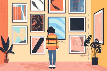 Fototapeta premium A person admires abstract art in a gallery, surrounded by framed artworks and indoor plants.