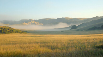 Fototapeta premium Morning fog drifting across open fields with rolling hills in the background.