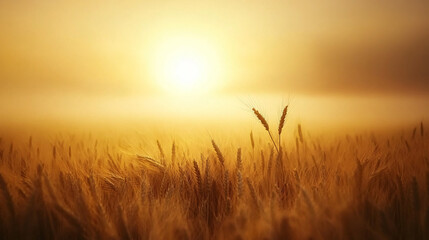 Morning fog rolling over golden wheat fields with a pale sunrise.