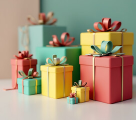 Obraz premium Colorful festive gifts and presents are arranged in a neat row on a table with a 3D effect._00001_