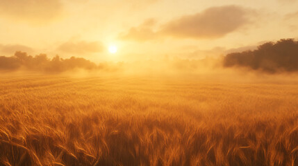 Obraz premium Morning fog rolling over golden wheat fields with a pale sunrise.