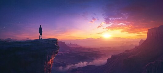 Sunset Majesty: A Solitary Figure Contemplates the Vastness of a Breathtaking Mountain Landscape