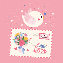 Valentines Day romantic card with a bird a letter and a bouquet of flowers