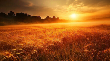 Fototapeta premium Morning fog rolling over golden wheat fields with a pale sunrise.