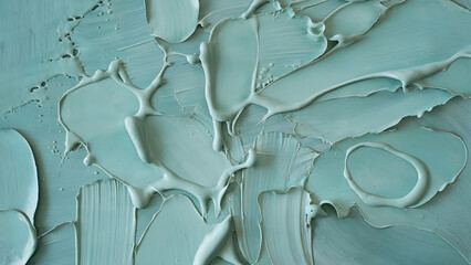 Obraz premium Vibrant Abstract Painterly Composition of Light Teal-Blue Paint Splashes and Blots on White Background, Textured and Spontaneous with Dynamic Movement