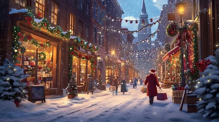 Obraz premium snowy Christmas street with people shopping and enjoying the holiday season