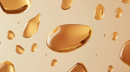 Amber colored oil drops with varied irregular shapes and sizes on transparent background. Realistic 3d vector illustration set of brown droplets of natural serum, skincare product or liquid syrup.