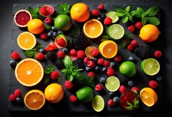 colorful cocktail ingredients laid out slate bar surface featuring fresh bright liquids perfect artistic mixology, vibrant, fruit, herbs, lime, orange
