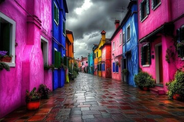 Fototapeta premium Vibrant Alley in Burano, Italy: A Kaleidoscope of Colorful Houses by the Venetian Canals