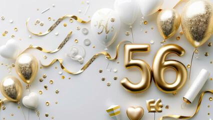 Gold and white number 56 with heart-shaped balloons and confetti in a festive background.