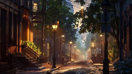 Fototapeta premium A charming city street with old-fashioned lampposts, bathed in the warm glow of a summer evening
